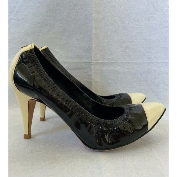 Authentic Chanel Womens Shoes Elastic Pumps Heels Cap Toe Leather Black Beige 39 - Picture 8 of 13